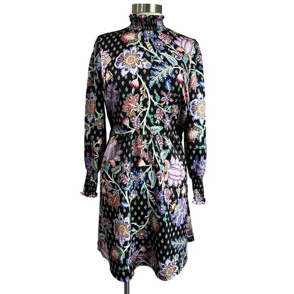 Loft Black Floral Mock Neck Long Sleeve Babydoll Dress Size 10 Petite - Picture 1 of 11